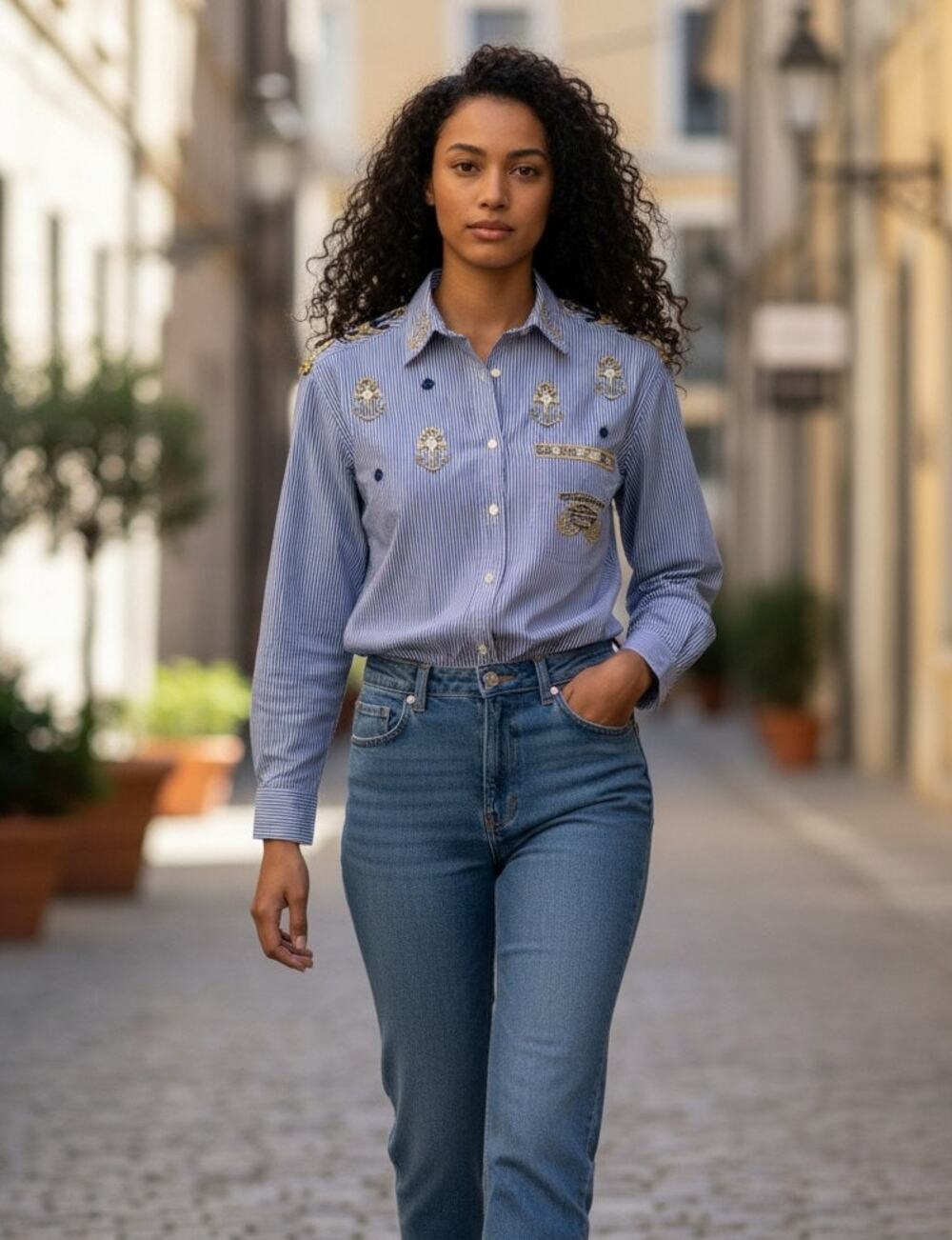 Fortune by Stan Vintage Embroidered Shirt Women's Large Nautical Blue Pinstripe